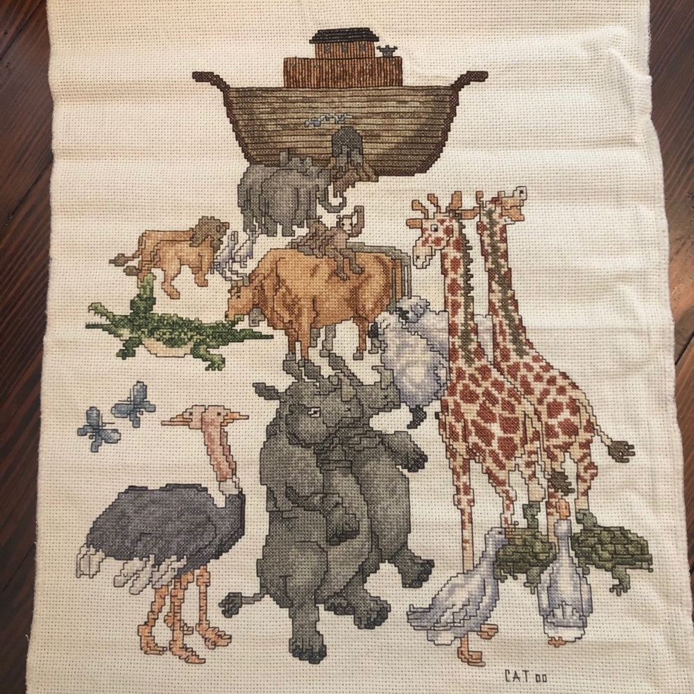 Cross stitched Noah’s Ark picture- not framed